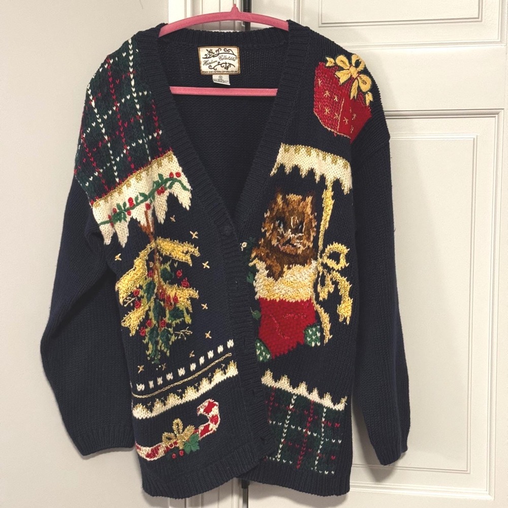 1990s Heirloom Collectibles Christmas Sweater Cardigan Cat Stocking Ramie M
